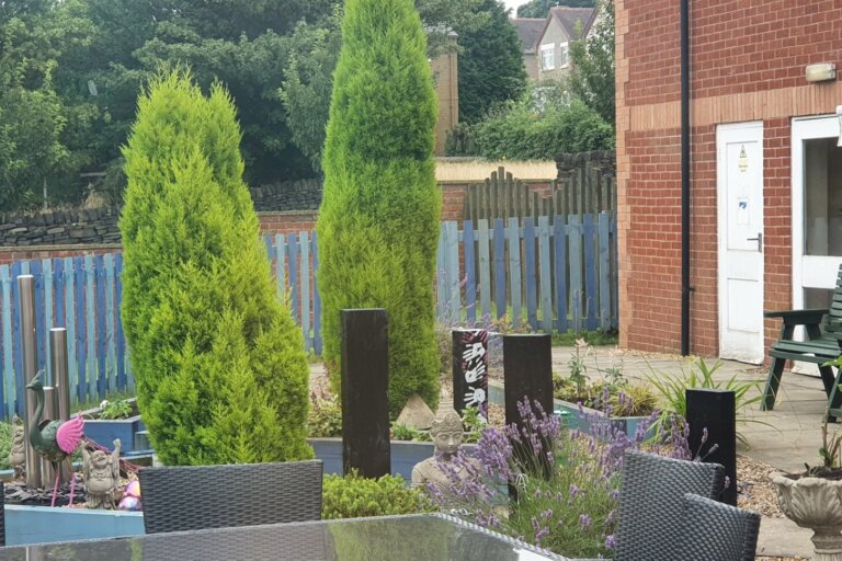 The garden at Alpine Lodge Care Home in Stocksbridge