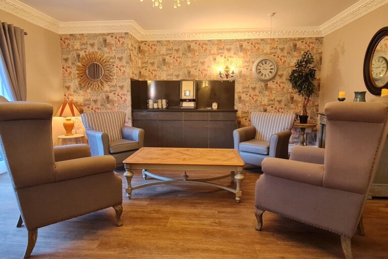 One of the lounge areas at The Lawns, a peaceful area to meet with other residents or family and other visitors