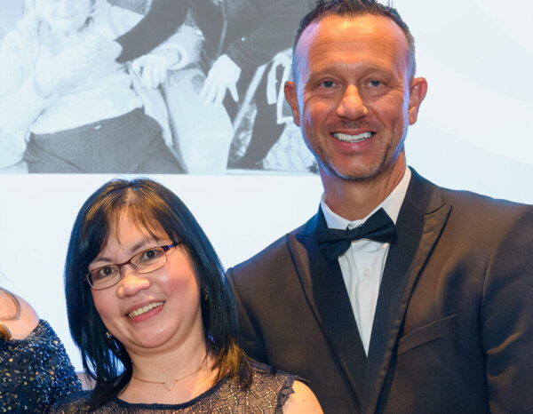 2024 Awards Night – Leeds Marriott – 071 Highgate Care's annual care awards where Irma Hartop is pictured with Richard Hoggart, owner of the care group.